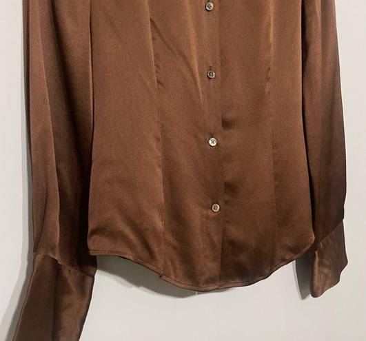 DKNY  100% Silk Dark Brown Collar Button Front Long Sleeve Blouse Top Size 6