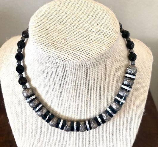 Onyx Black  and silver choker necklace