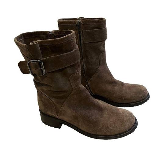 Garnet Hill  Taupe Suede Buckle Accent Mid Calf Moto Boot, Sz 6.5