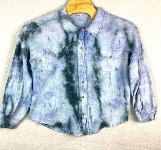 POL  Womens Sz L Tie Dye‎ Rough Cut Oversize Long Sleeve Button Down Gauze