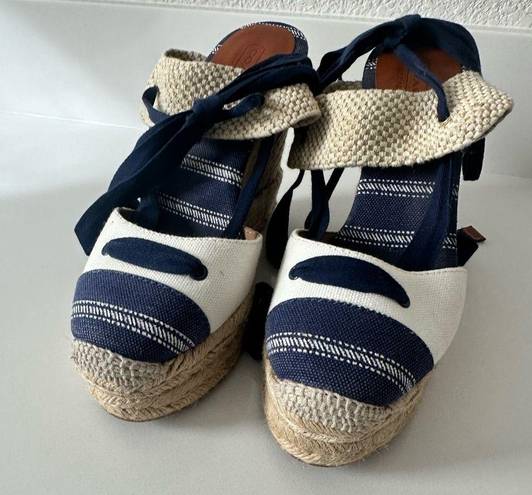 Coach  Fern Navy/Tan/Chalk Ankle Wrap Espadrille Platform Wedges Size 7