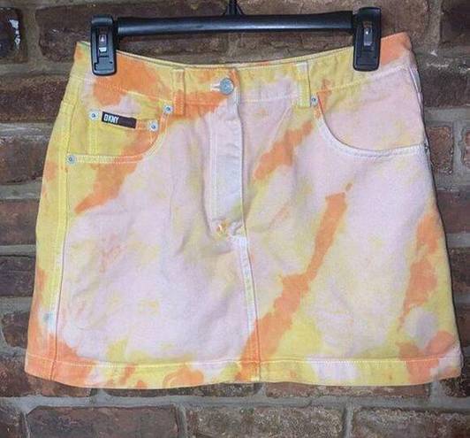 DKNY  Custom Tie Dye Orange Yellow Mini Denim Jean Skirt Women's Size 8