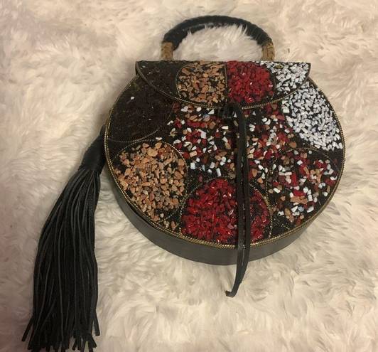 Sam Edelman  MULTI STONED HANDBAG WITH LEATHER TASSLE and HARD SHELL CASING