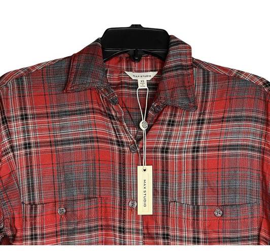 Max Studio  Womens Flannel Shirt Size XS Roll Up Sleeve Red Gray Black Plaid