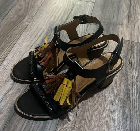 Isabel Marant  Black Brown Yellow Orange Tassel Chunky Heel Sandals Leather Sz 8