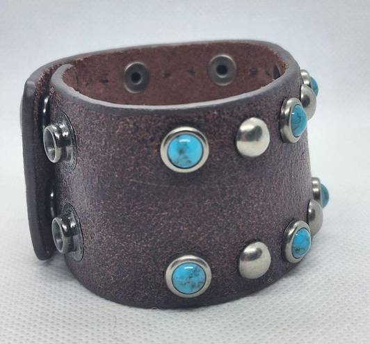 Buckle  Brown Genuine Leather, Blue Faux Stone, & Silver Stud Bracelet