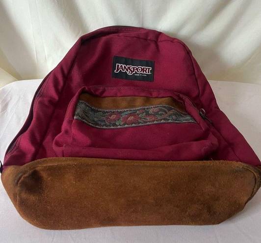 Jansport Vintage 90s  Backpack Suede Leather Bottom Maroon Red Floral Unisex