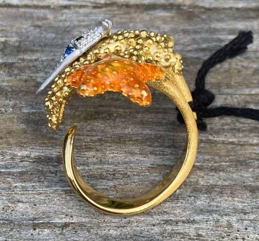 Misis Isla de Mujeres Fish & Starfish Rhinestone Gold Ring. Adjustable. NWT