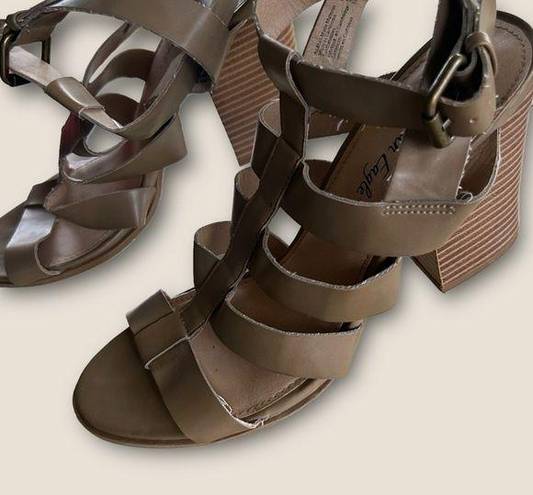 American Eagle  faux leather strappy block heel tan sandals, boho, peep toe, 11M