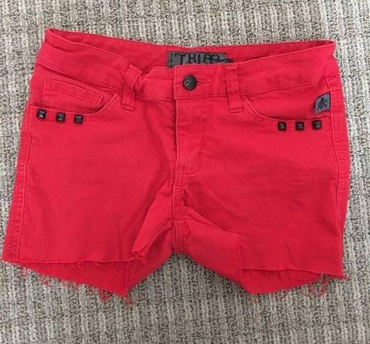 Tripp NYC  Studded Red Denim Lighting Bolt Shorts