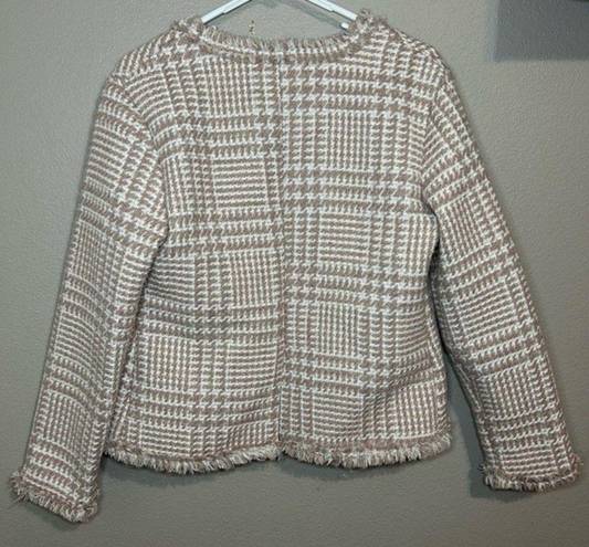 Houndstooth Beloved neutral pink fringe trim  tweed blazer size small