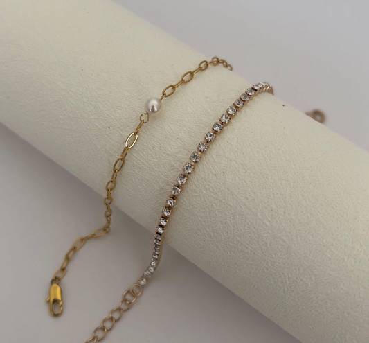 Bracelet Stack Set {2 Bracelets}*Pearl Bracelet* Tennis Bracelet Gold