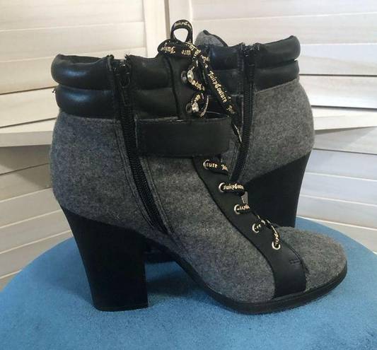 Juicy Couture  gray wool & black vegan leather block heel ankle boots sz 8.5