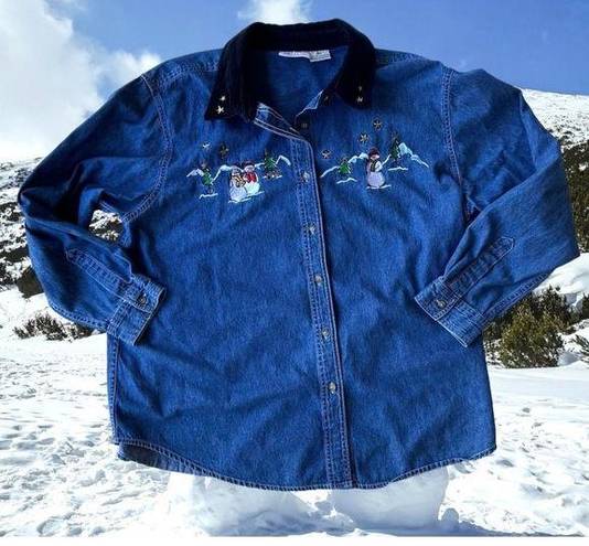 Basic Editions  Plus Snowman Denim Shirt 18W Blue Embroidered  Vintage Ch…