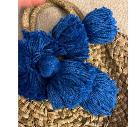 Krass&co Brunna . Rounded Small Straw Tote Purse with Blue Tassels