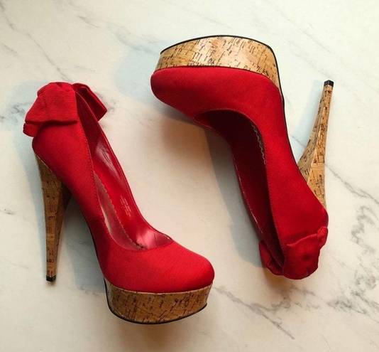 Bebe  Stiletto High Heels Kahilia Ruby Red Size 8 Platform Cork Bow Formal