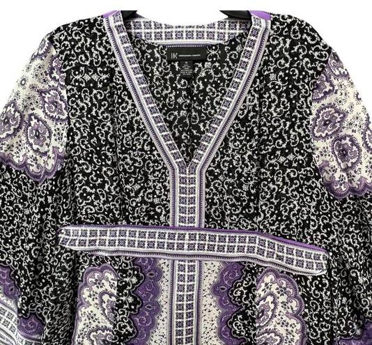 INC  Kimono Dress Womens 14 Purple Black Paisley Silk Chiffon Tie Belt Festival