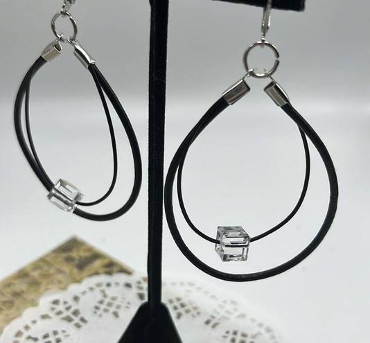 Swavorski Swarovski Crystal Black Two Leather Cord Dangle Earrings-  Handmade NEW