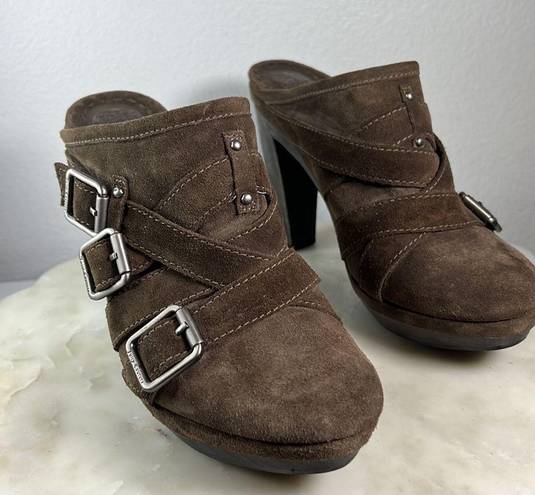 Juicy Couture  Y2K Taupe Suede Leather Heeled Mule Bootie Chunky Buckles Size 8.5