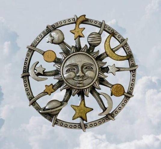 The Moon Celestial silver gold color star sun planets JJ vintage brooch pin signed