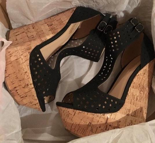 Charlotte Russe Black T Strap Cork Wedges