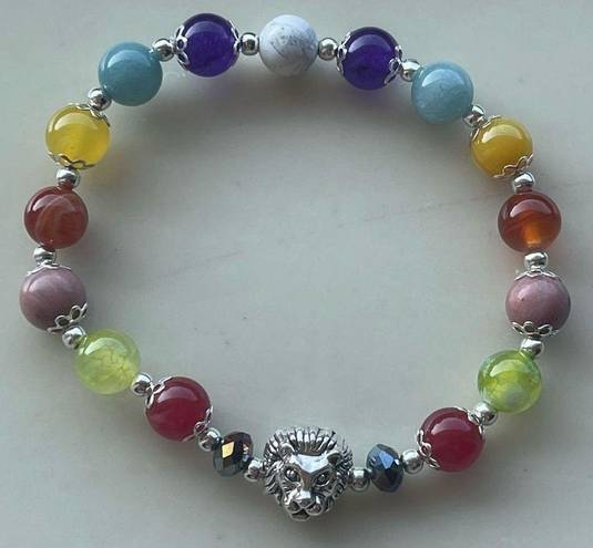 Head Lion  one NEW stretch bracelet beaded rainbow carnelian rhodonite Amazonite