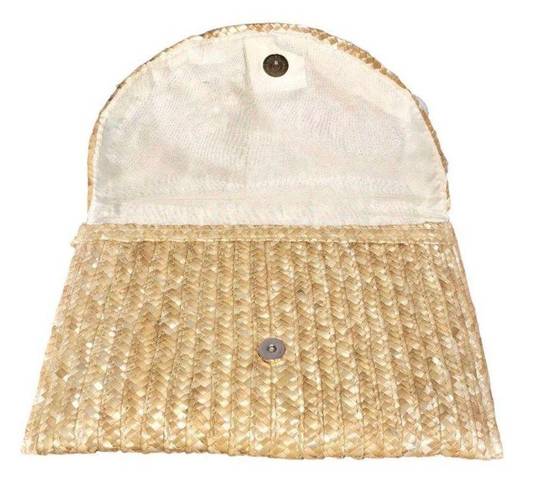 Shiraleah Fortuna Wheat/Cream Straw Raffia Envelope Pom Pom Clutch Bag