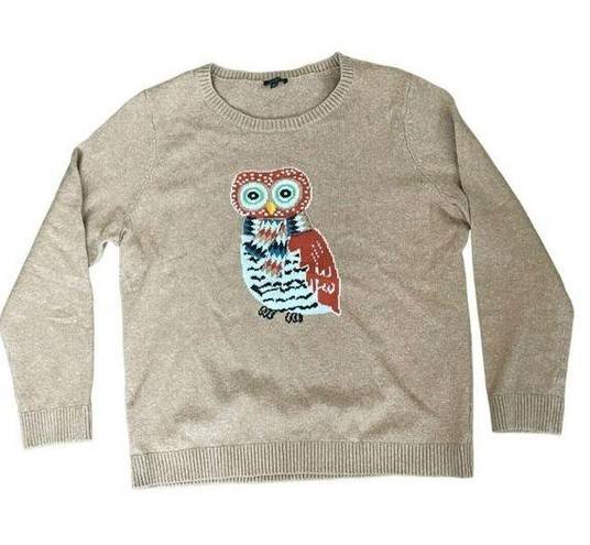 Talbots  Tan Petite Owl Sweater Knit Round Neck Pullover Long Sleeve Womens XLP