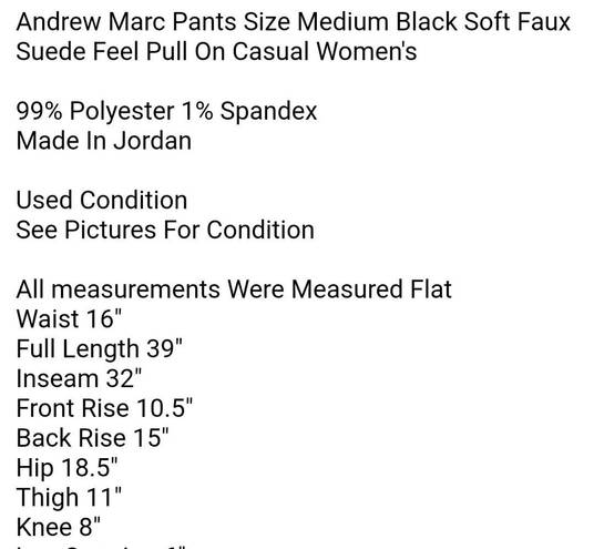 Andrew Marc  Pants Size Medium Black Soft Faux Suede Feel Pull On Casual Women's