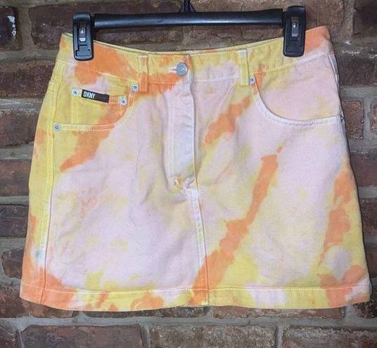 DKNY  Custom Tie Dye Orange Yellow Mini Denim Skirt