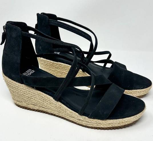 Eileen Fisher  Wanda Black Tumbled Nubuck Espadrille Wedge Sandal, NEW, Size 11