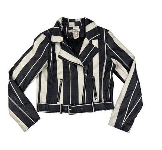 Flying Tomato A Calen by  Striped Faux Leather Moto Jacket in Black & White