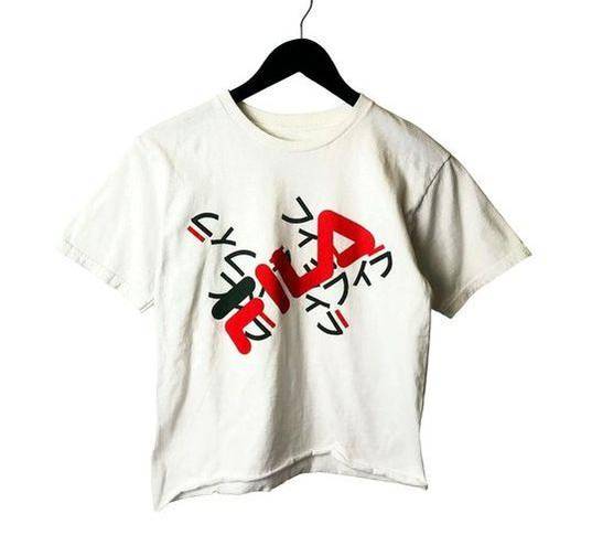 FILA  T Shirt Japanese Characters Raw Hem Crop Top Graphic Tee Short Sleeve Small