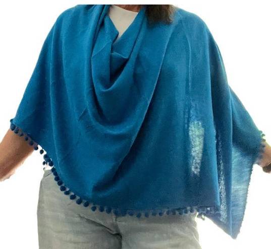 Chico's  Poncho Medium Blue Pom Pom Tassel Lightweight Cowl Neck CM38