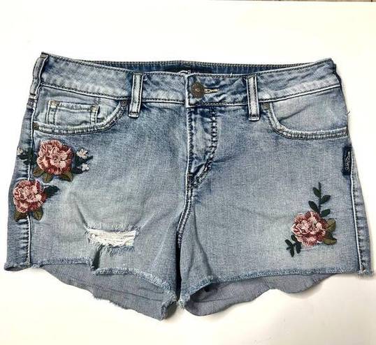 Silver Jeans  Aiko Jean Shorts Floral Embroidered Denim Size 28