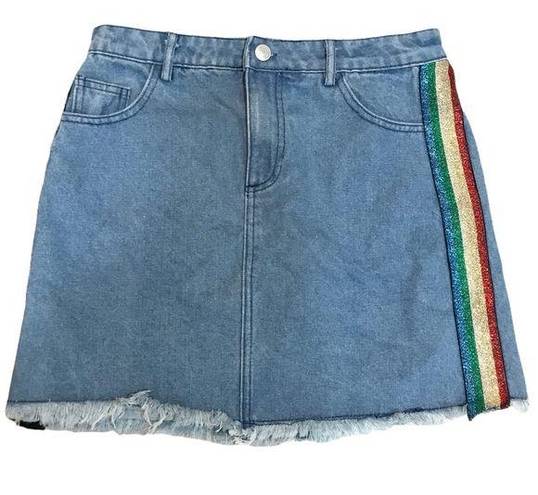 Sans Souci  Denim Skirt Mini skirt rainbow stripe on side 90s vibes