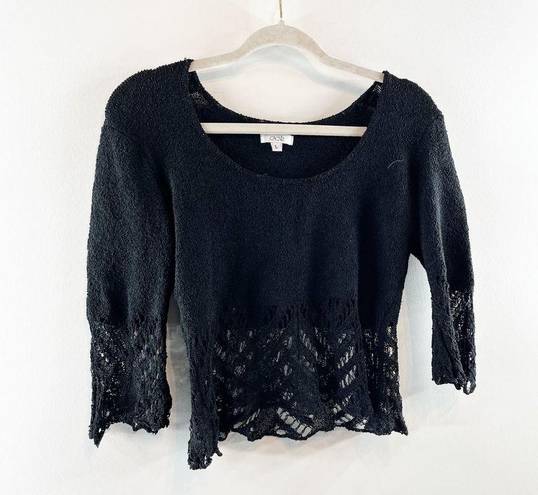 Cache  Scoopneck 3/4 Sleeve Lace Crochet Trim Bell Sleeves Top Black Large