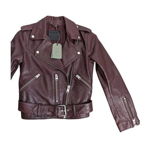 All Saints Balfern Leather Biker Jacket In Deep Berry Size 2 NEW