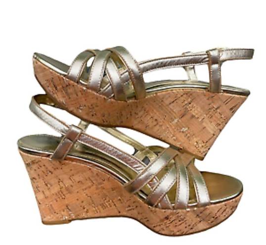 Ralph Lauren NEW LAUREN  Gold Metallic Leather Platform Wedge Sandals Women's 8 B