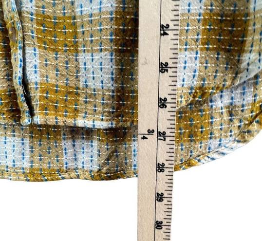 Pilcro  Anthropologie Blouse Womens S Yellow Plaid Blue Stitched Button Up Shirt