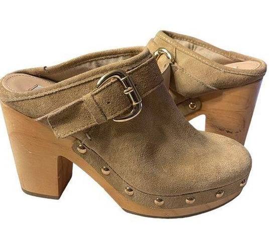 Steve Madden  Hilde Boho Tan Suede Leather Bohemian Wood Block Heel Clogs