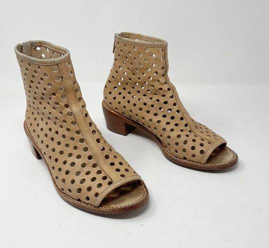 Loeffler Randall  Ione Beach Tan Leather Perforated Peep Toe Ankle Boots Shoes 6