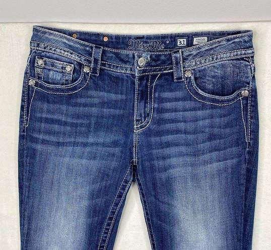 Miss Me Signature Boot Cut Cross Bling Distressed Dark Wash Blue Jean Size 31