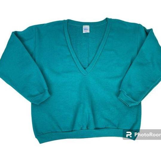 Tultex  Vintage Sweatshirt 90s Deep V Teal Green Large Retro Preppy