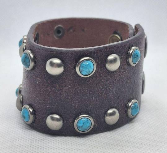 Buckle  Brown Genuine Leather, Blue Faux Stone, & Silver Stud Bracelet