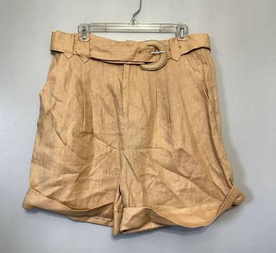 Farm Rio  Women's Beige High Waisted Belted Tailored Linen Shorts Pockets L NWT