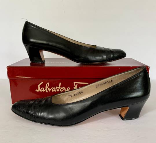 Salvatore Ferragamo Vintage Black Block Kitten Heel  Heels w/ Original Box