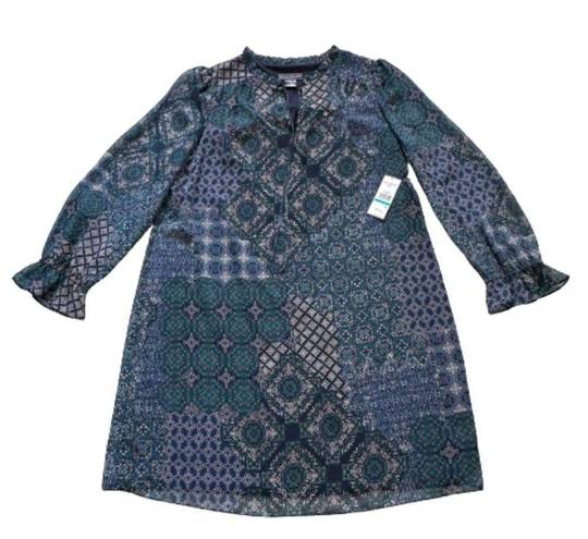 Jessica Howard  Blue Patchwork Print Blouson Long Sleeves Shift Dress Size 16 NEW