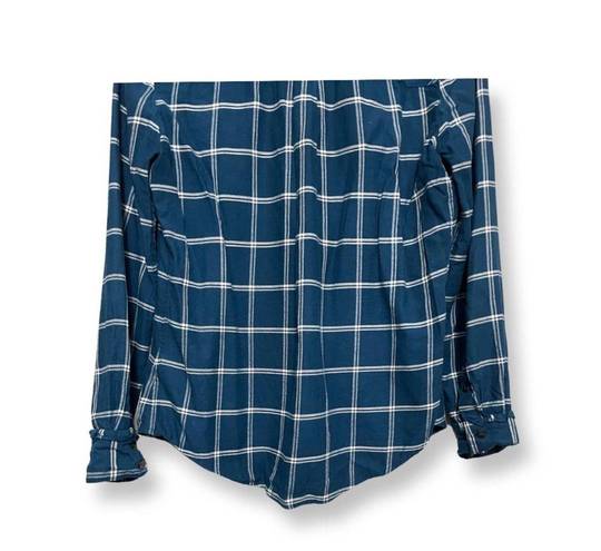 Draper James Womens Button Up Shirt Blue Plaid Long Sleeve Cuff Round Hem 2