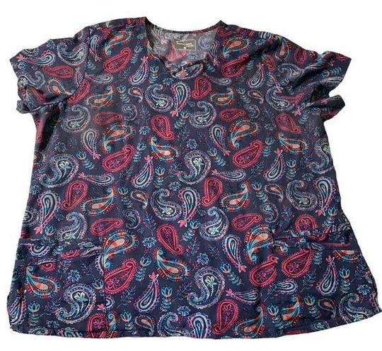 Butter Soft  stretch woman's blue paisley scrub top 2XL